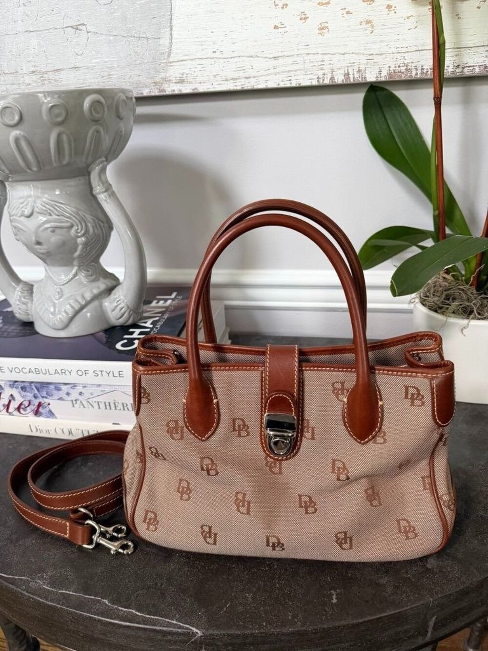 DOONEY & BOURKE Signature Handle Tote Shoulder Hand Bag Canvas Leather Tan Camel